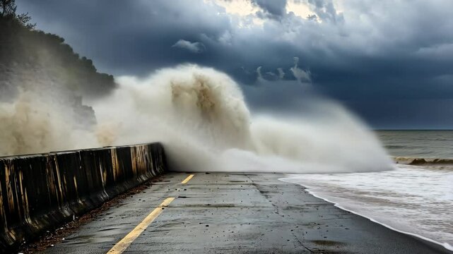 A large wave crashes against a seawall during a storm