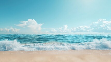 Fototapeta premium A painting depicts a beach, waves crash on sand, blue sky with white clouds