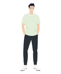 Vector illustration of a man in a light green T-shirt and black pants