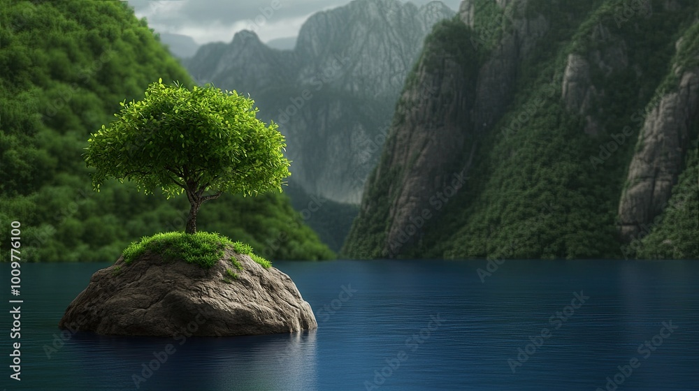 Aufkleber a single tree thrives on an island in the calm waters of a lake, reflecting the surrounding cliffs a