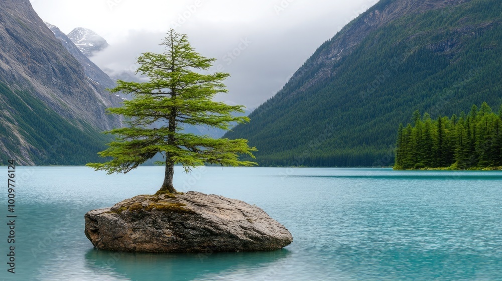 Aufkleber a single tree thrives on an island in the calm waters of a lake, reflecting the surrounding cliffs a