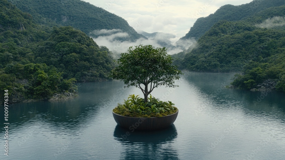 Aufkleber a single tree thrives on an island in the calm waters of a lake, reflecting the surrounding cliffs a