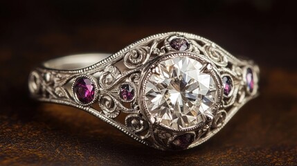 Intricate Diamond and Amethyst Engagement Ring