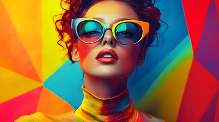 Portrait of a woman with oversized glasses in colorful neon lights, highlighting her trendy and bold style in a modern artistic scene