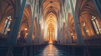 Obraz premium Interior View of a Cathedral with Arched Ceiling, Stained Glass Windows, and Wooden Pews