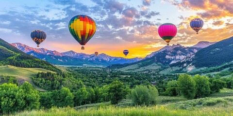 Obraz premium a group of hot air balloons flying over a valley