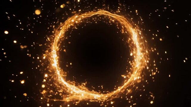 Golden fire ring rotates with sparkling particles against a black background, showcasing six distinct views. The mesmerizing motion creates an enchanting visual effect