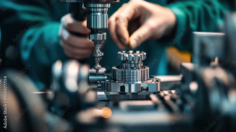 Poster a skilled worker focuses intently on assembling intricate mechanical components with precision tools