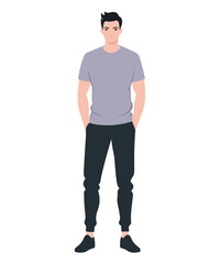 Fototapeta premium Vector illustration of a man wearing a purple t-shirt and black pants, creating a stylish and minimalistic look.
