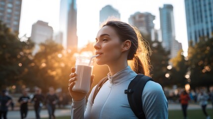 Woman sipping smoothie in urban park after workout under the warm evening sun