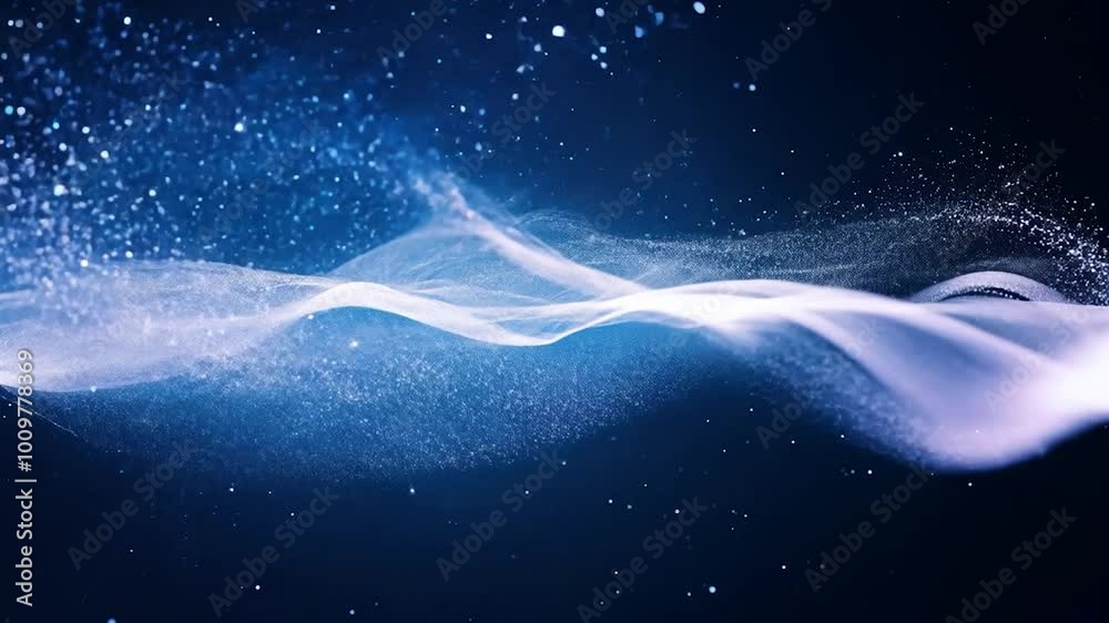 Poster abstract particles flow in a wave pattern against a blue background, illuminated by shining stars, c