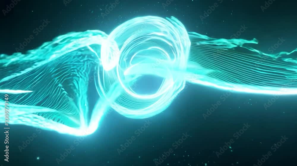Poster abstract cyan light forming a swirling shape on black background with some particles. perfect for an