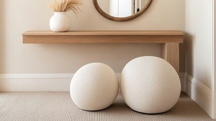 Fototapeta premium A low-profile footstool shaped like two round stones complements a wooden console table under a mirror. The soft design adds a warm touch to the minimalist space
