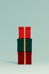 A modern and minimalist illustration of gift boxes wrapped in red and green paper with golden ribbons placed in a neat stack The background is soft pastel blue Ideal for holiday cards gift tags and Ne