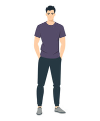 Naklejka premium Vector illustration of a man wearing a purple t-shirt and black pants, creating a stylish and minimalistic look.
