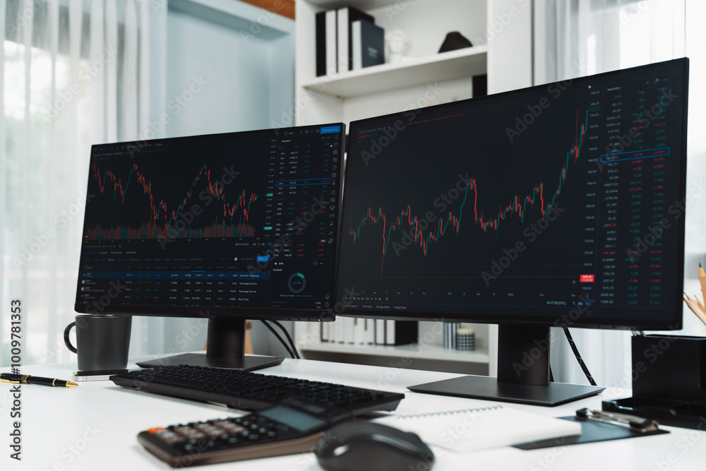 Wall mural two screens of dynamic stock market exchange graph showing on computer. automatically trading sell o