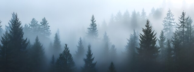 A dense pine forest with mist rising from the trees, creating an ethereal atmosphere