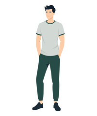 Vector illustration on a white background. A man in a white t-shirt and black pants. Minimalist style.