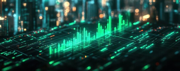 Dynamic green data visualization over urban skyline, showcasing technology, analytics, and modern finance in a seamless urban setting.