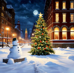 Obraz premium Peaceful Rustic City with Peace Calm Moon Scene and Snowman on a Snowy Night generative AI