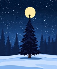 Illustration of a snowcovered forest with a glowing Christmas tree in the center surrounded by twinkling stars and a full moon Perfect for holiday cards and festive winter greetings with a magical and