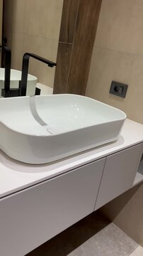 Modern Bathroom Sink with Matte Black Faucet - Close-Up to Wide View