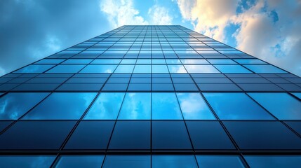 Modern skyscraper reflecting the sky, captured from ground level on a bright day