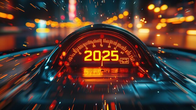Black speedometer with needle moving end to the year number "2025"