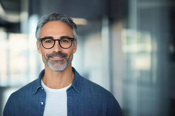 Obraz premium Happy middle aged professional business man, smiling mature emloyee, worker, office background.