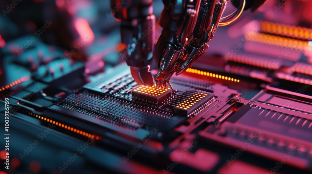 Poster the robotic hand meticulously positions a tiny computer chip onto a circuit board, highlighting prec