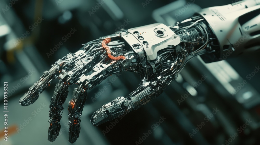 Poster a close-up view of a robotic hand skillfully handling an intricate object, showcasing advanced techn