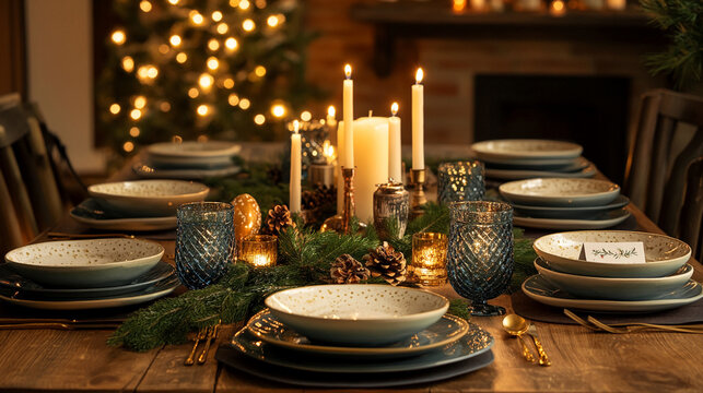 A wooden dining table set for dinner with candles, plates, and greenery. The table is decorated with several candles, tall and short, in various holders.
