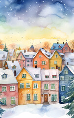Naklejka premium Watercolor Winter Village Scene with Snow-Covered Houses and Festive Atmosphere in a Charming and Nostalgic Setting