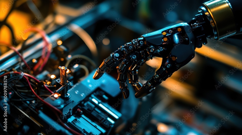 Poster a close-up view of a robotic hand using a tool to manipulate components inside complex machinery, sh