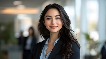 Fototapeta premium Confident woman in a business suit smiling in a bright office environment with blurred colleagues in the background