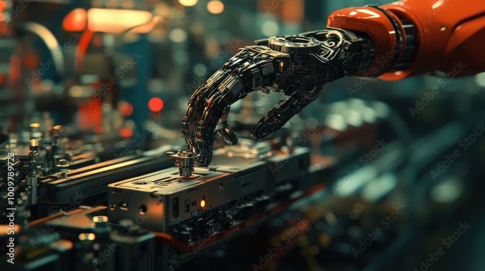 Poster a robotic hand engages in the precise assembly of complex components within a bustling manufacturing