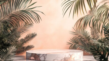 3d empty display with green plants for cosmetic products