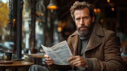 A man reads a newspaper while seated at a café, showcasing a cozy autumn atmosphere on a bustling city street