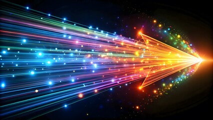 Fototapeta premium A vibrant arrow made of colorful light emanates streaks in various hues, symbolizing forward motion and dynamism against a dark backdrop, evoking energy and creativity. AI