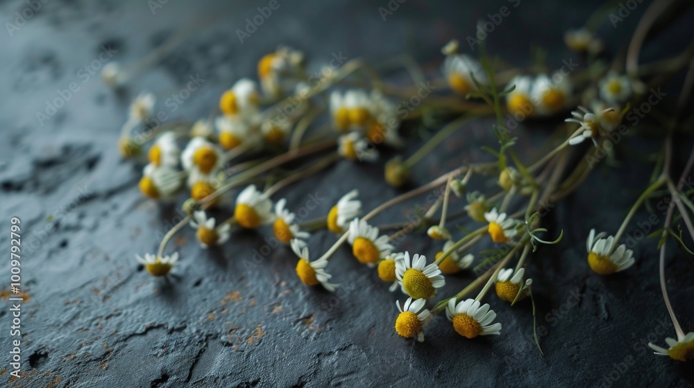 Canvas Prints   A group of yellow and white blooms resting atop a dark background, adorned with water droplets