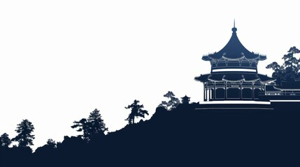 Silhouette of traditional Chinese pagoda and trees on hill in Beijing with white background