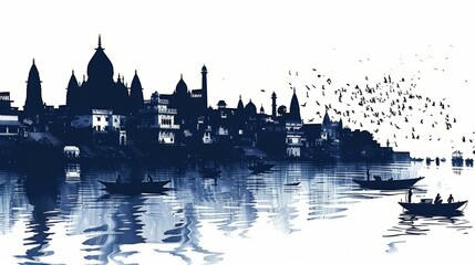 Naklejka premium Silhouette of Varanasi skyline with boats and flying birds over the Ganges River