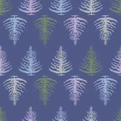 Christmas Pine Forest, Drawing Pastel Background on Dark Blue. Vector