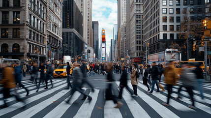 Obraz premium Blurred Pedestrians in a Crowded Urban Crosswalk at Rush Hour
