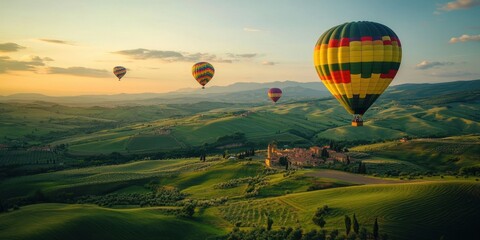 Fototapeta premium a couple of hot air balloons flying over a green field