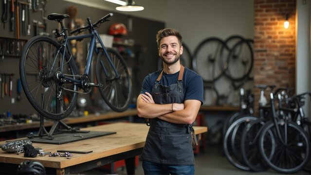 A male bicycle mechanic stands confidently with his arms crossed in a bike repair shop surrounded by tools and bicycles. The image highlights professionalism, craftsmanship, and small business.