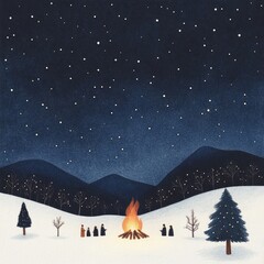 Obraz premium A cozy winter scene of people gathered around a bonfire in a snowy park with twinkling fairy lights in the trees and a starry sky above Perfect for seasonal greeting cards event posters and festive ne