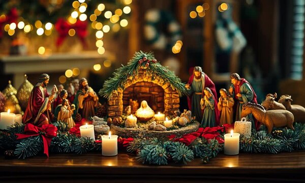 Setting up a nativity scene on a mantle or tabletop, with candles and holiday decorations surrounding it. . Video
