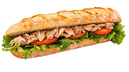 Fresh baguette with tuna and lettuce isolated on transparent background.