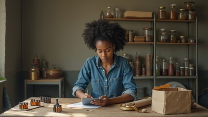 Fototapeta premium A woman carefully packs handmade products in a small, cozy workshop, surrounded by craft materials. The image emphasizes entrepreneurship, creativity, and small business.